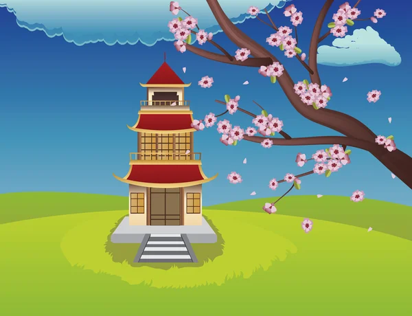 Oosterse huis en bloeiende sakura — Stockvector