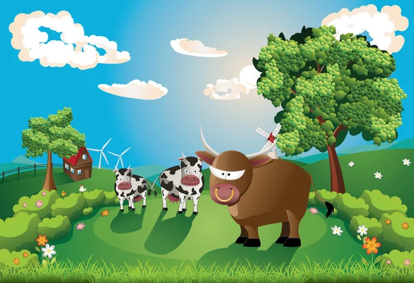 Vaches et taureau sur pelouse — Image vectorielle