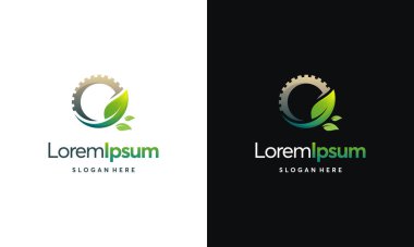 Modern doğa teknolojisi logosu, yaprak ve dişli makine vektörü, tarım logosu şablon ikonu, Yeşil Eko Teknoloji Logo Şablonu Tasarım Vektörü, Doğa Endüstrisi