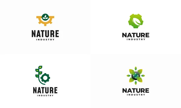 Conjunto Tecnologia Natureza Moderna Logotipo Folha Engrenagem Máquina Vetor Ícone — Vetor de Stock