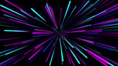 Soyut yaratıcı kozmik arka plan. Başka bir galakside hiper atlama. Işık hızı, Neon parlayan ışınları hareket. Güzel havai fişek, renkli patlama, büyük patlama. Yıldızlar arasında hareket ediyor. Dikişsiz döngü