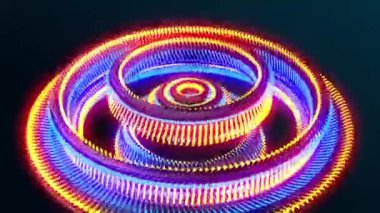 3D Hareket Fütürist Işık Halkaları Tasarımı. Siyah yüzey üzerinde neon ışığı olan gelecekteki 3D halkalar, Dijital 3D Işık dişlileri dönüyor