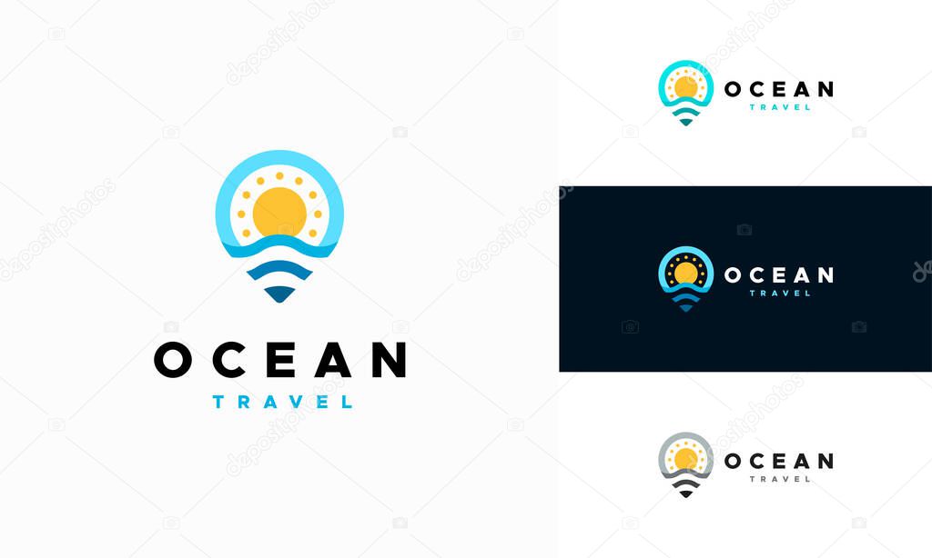 Travel Point Logo with Ocean Wave symbol, Ocean logo designs concept vector