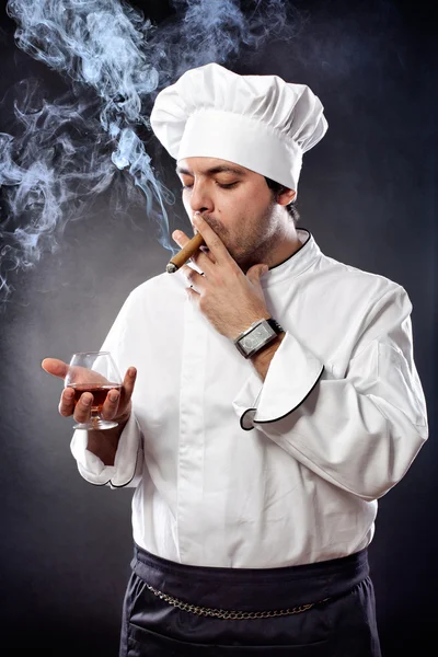 Chef with cigar and cognac — Stock Photo, Image
