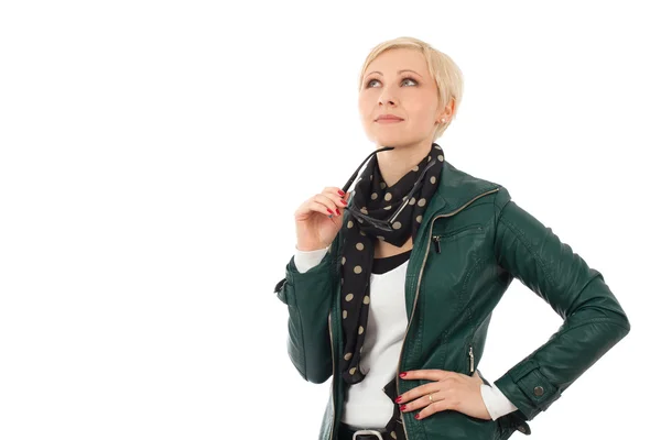 Young woman in casual outfit thinking — Stock Photo, Image