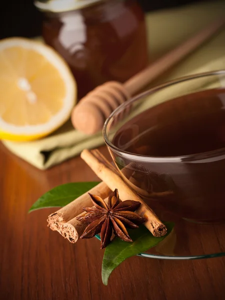 Tea with honey, lemon and cinnamon — Stock Photo, Image