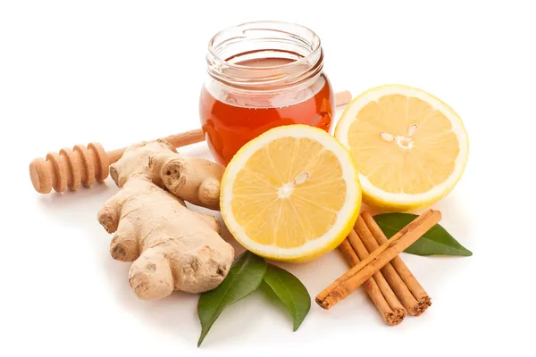 Honing, kaneel, gember en citroen — Stock Fotó