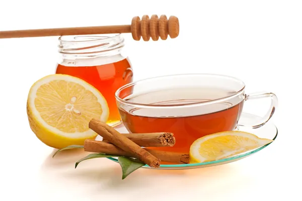 Tea with honey, lemon and cinnamon — Stock Photo, Image