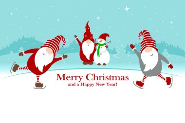 Bir dağ manzaralı buz pateni pistinde şirin Noel cüceleri olan 