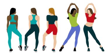 Fitness kızları. Spor kıyafetlerle poz veren kızlar. Düz dizayn. Beyaz arkaplanda vektör illüstrasyonu