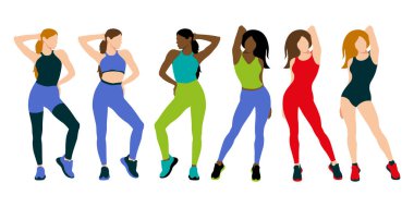 Fitness kızları. Spor kıyafetlerle poz veren kızlar. Düz dizayn. Beyaz arkaplanda vektör illüstrasyonu