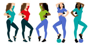 Fitness kızları. Spor kıyafetlerle poz veren kızlar. Düz dizayn. Beyaz arkaplanda vektör illüstrasyonu