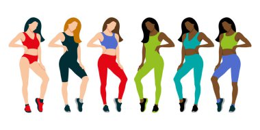 Fitness kızları. Spor kıyafetlerle poz veren kızlar. Düz dizayn. Beyaz arkaplanda vektör illüstrasyonu