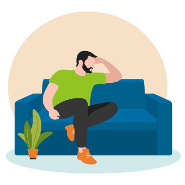 Dairede, koltukta oturan yakışıklı dalgın adam. Ayağı bacağında oturuyor ve dirseğine yaslanıyor. Düz dizayn. Beyaz arkaplanda vektör illüstrasyonu