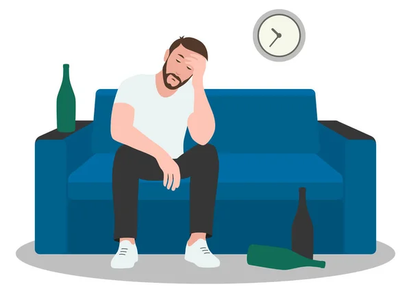 Man Sits Bottle Couch Holds His Head Man Drinking Alcohol — Vector de stock