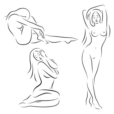 Çıplak kız pozu. Beyaz arkaplanda vektör doğrusal illüstrasyon