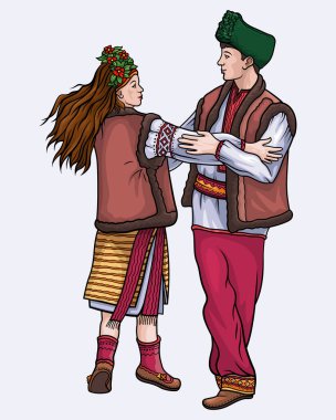 Hutsuls dans eder. Ulusal kostümlü kadın ve erkek el ele tutuşarak dans ediyorlar. Beyaz arkaplanda vektör illüstrasyonu