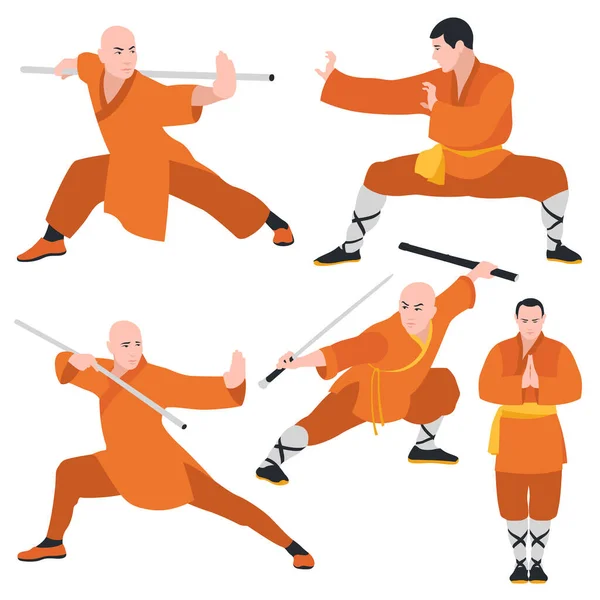 Kung Wushu Set Kung Fighters Flat Design Vector Illustration White — Stock Vector