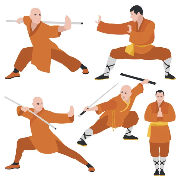 Kung Wushu Set Kung Fighters Flat Design Vector Illustration White Ilustração De Stock
