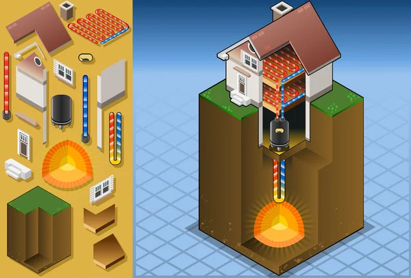 Bomba de calor geotérmica / diagrama de calefacción por suelo radiante — Vector de stock