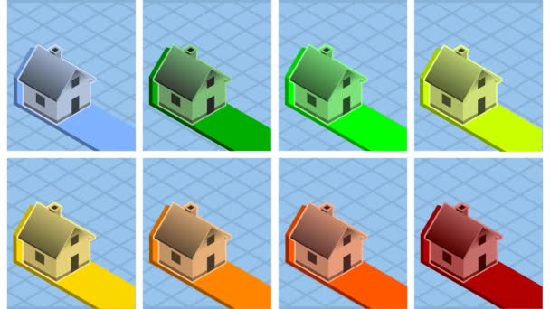 Eight isometric houses with energy class bars — Stock Video