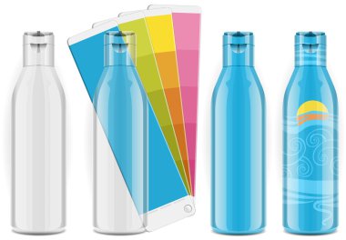 renk paleti ve etiketleri ile dört plastik şişe