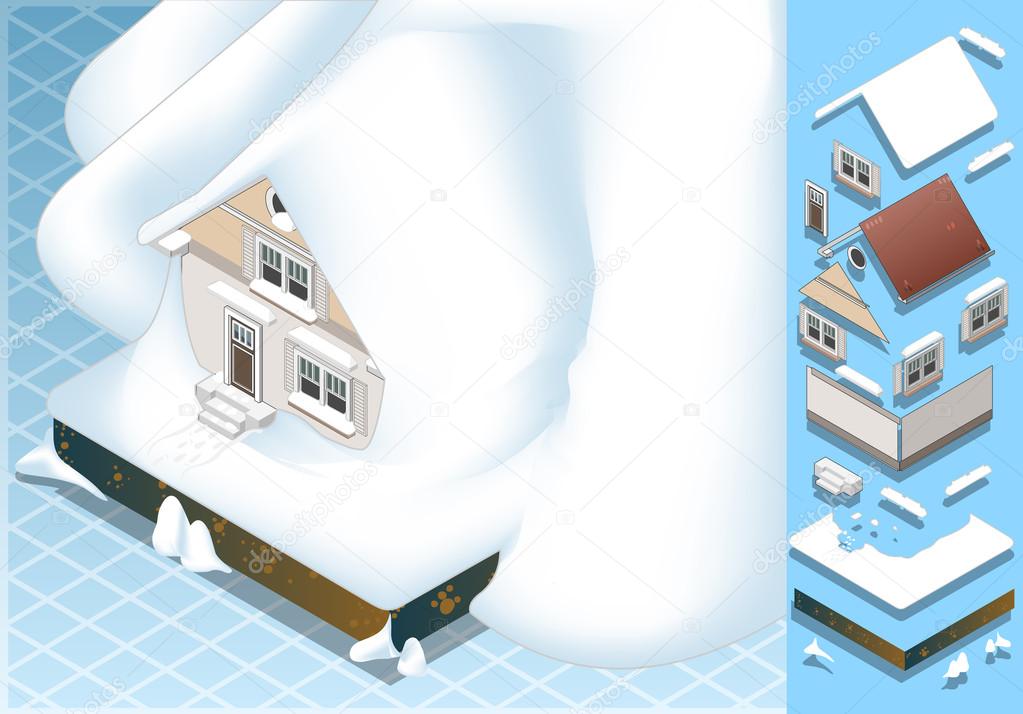 Isometric house hit by landslide of Snow
