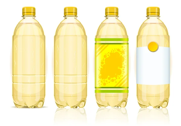 Cuatro botellas de plástico amarillo con etiquetas — Vector de stock