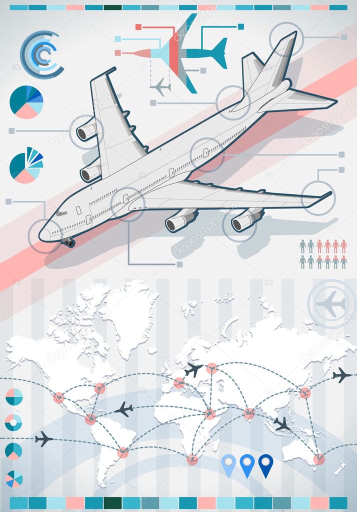 Infographic set elements with airplane in various colors