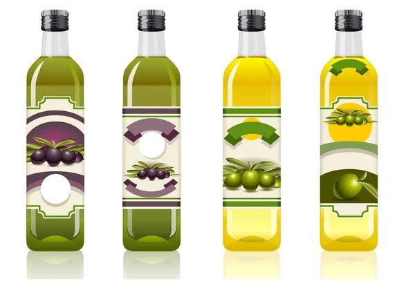 Cuatro botellas de aceite de oliva — Vector de stock