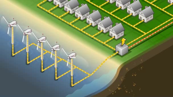 Casas com turbinas eólicas offshore — Vídeo de Stock