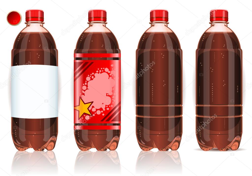 Four plastic bottles of cola with labels