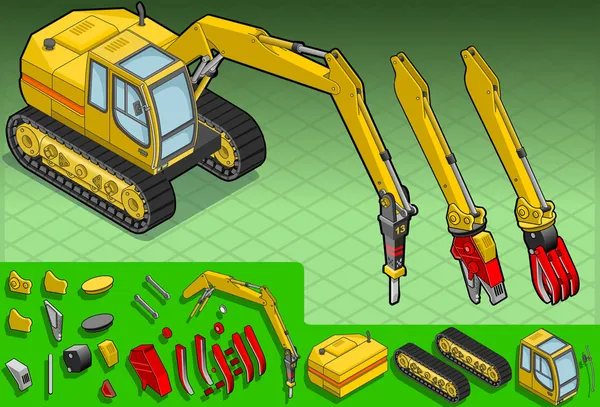 Escavatore isometrico giallo con bracci diversi — Vettoriale Stock