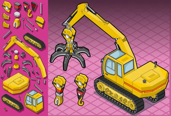 Isometric yellow excavator with different arms — Stock Vector