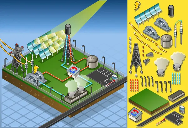 Isometrische termo zonne-energiecentrale in productie van energie — Stockvector