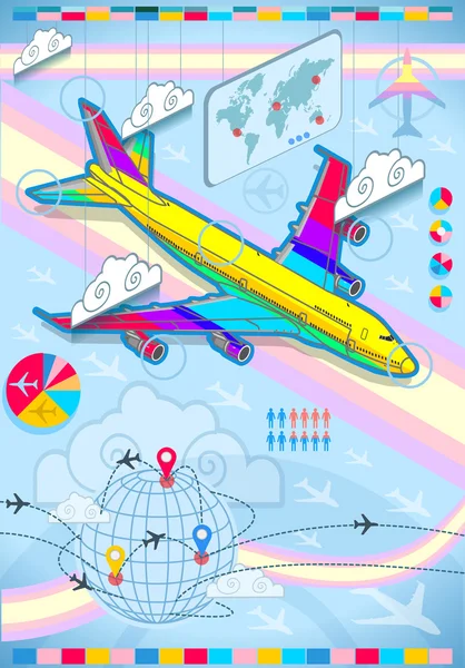 Infographic nastavit prvky s letadlem v raibow — Stockový vektor