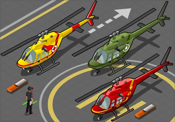 Isometrisk röd helikopter landar i tre livré — Stock vektor