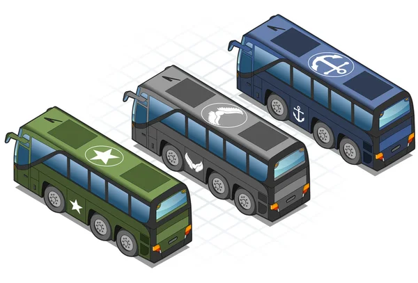Conjunto isométrico de ônibus militares — Vetor de Stock