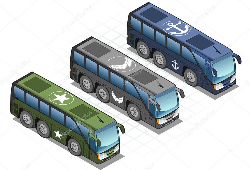 Isometric set of military buses