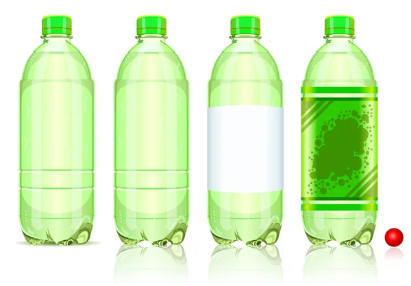 Vier Plastikflaschen kohlensäurehaltiges Getränk mit Etiketten — Stockvektor