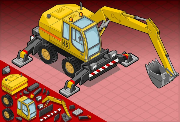 Excavator izometric galben cu patru brațe — Vector de stoc