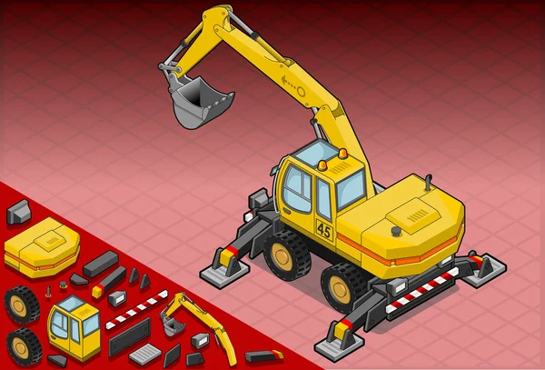 Excavadora amarilla isométrica con cuatro brazos — Vector de stock