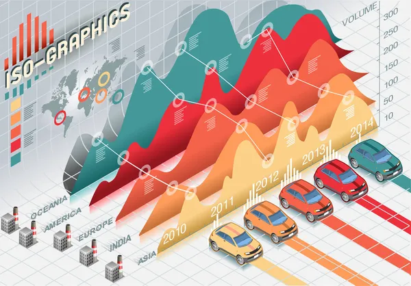 Conjunto de Histogramas Isométricos Infográficos Elementos com Carros —  Vetores de Stock