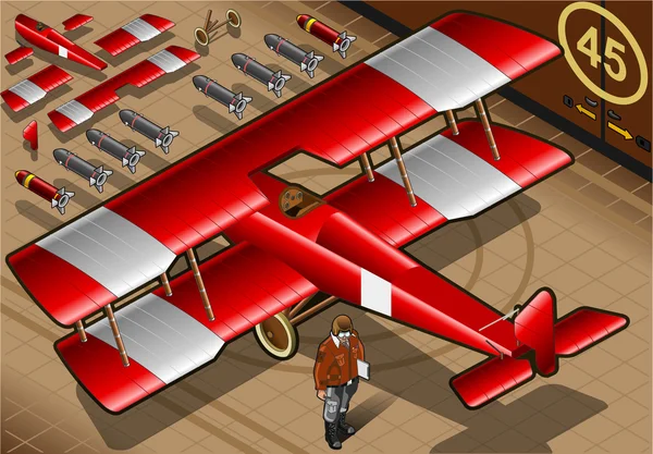 Biplano vermelho isométrico aterrissado na vista traseira — Vetor de Stock