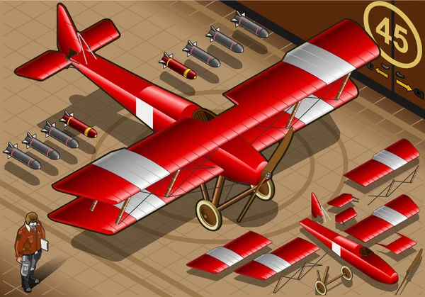 Biplano rosso isometrico atterrato in vista frontale — Vettoriale Stock
