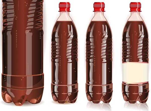Quatro garrafas plásticas de cola com etiquetas — Vetor de Stock
