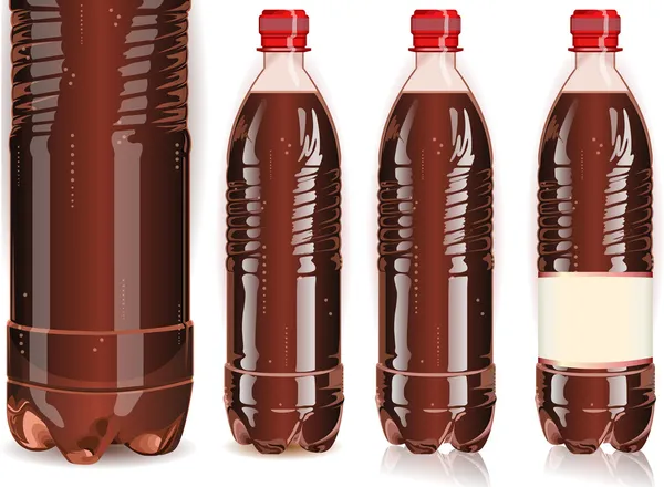 Four plastic bottles of cola with labels — Stock Vector