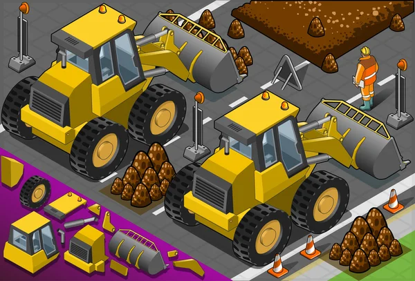 Isometric yellow bulldozer in rear view — Stock Vector