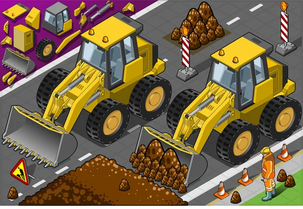 等尺性黄色 bulldozerin フロント ビュー — ストックベクタ