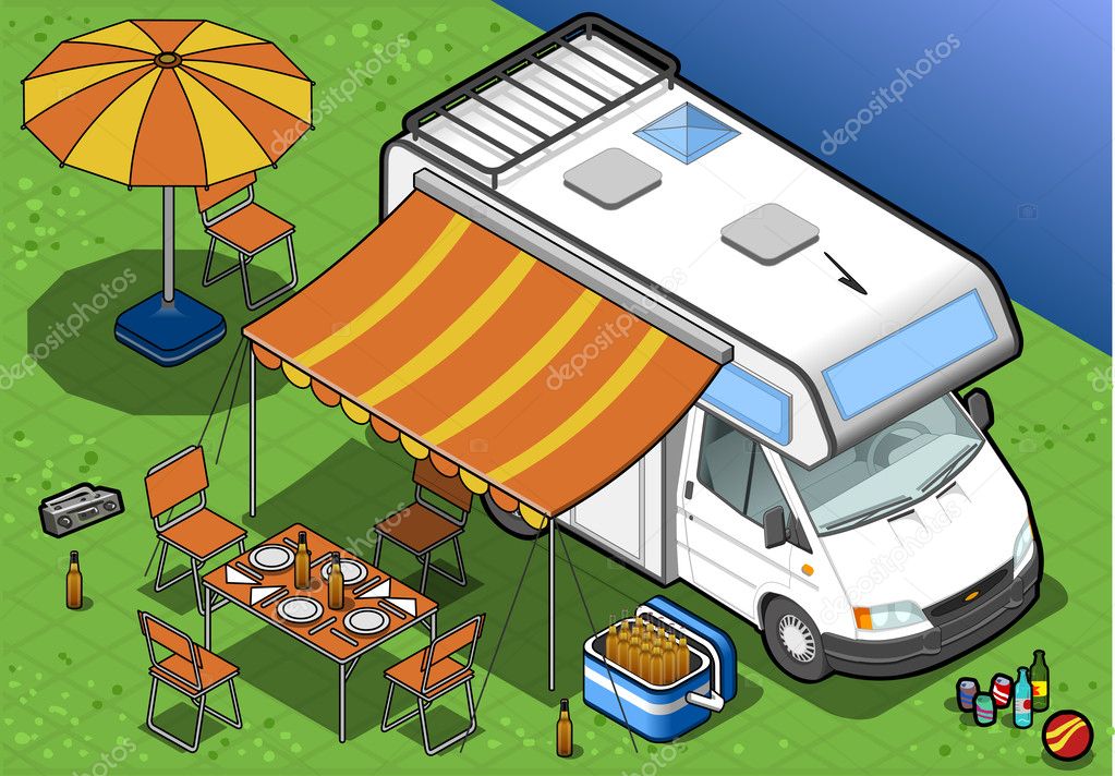 isometric camper in camping in front view